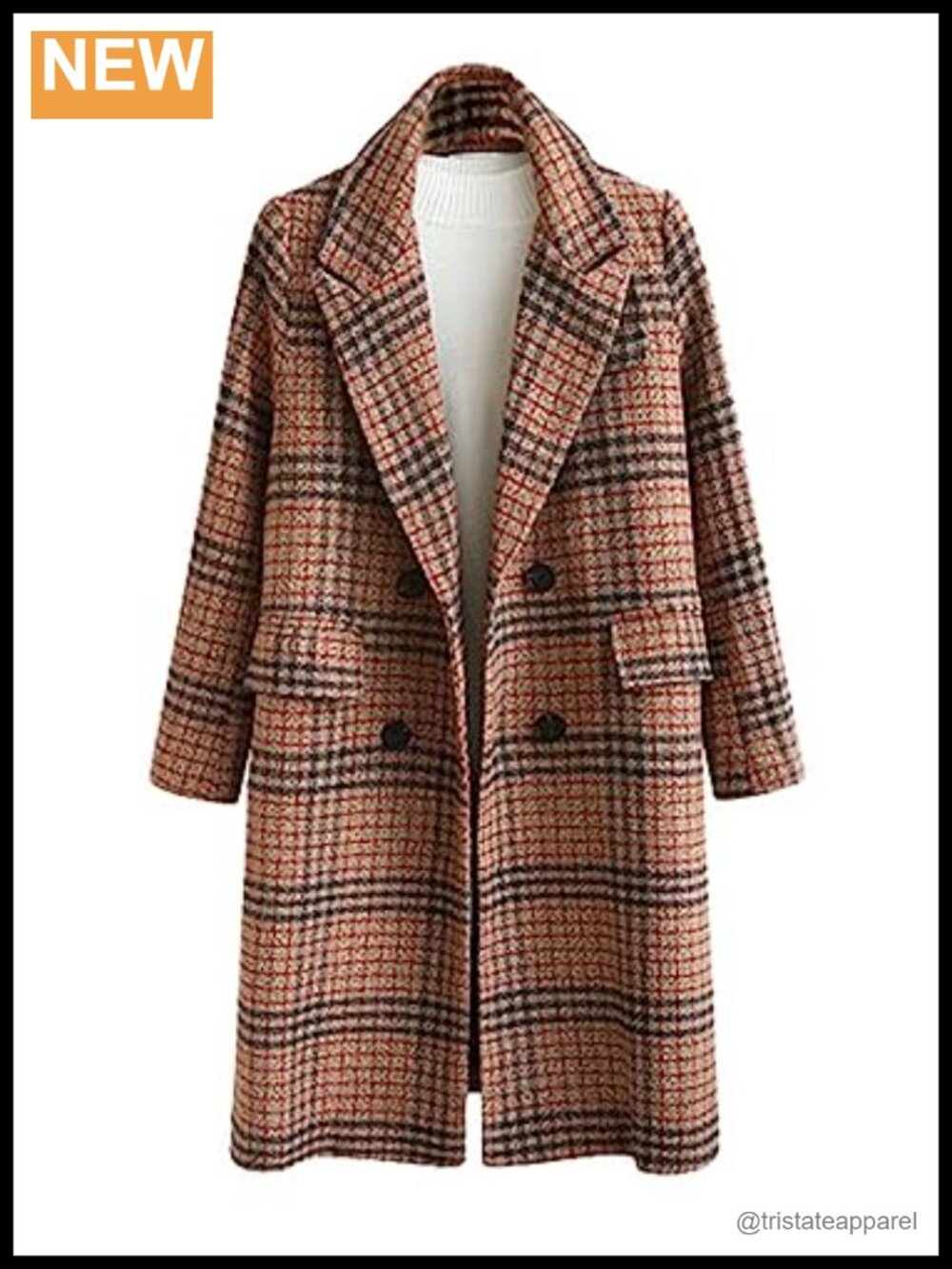 Womens Oversize Lapel Collar Woolen Plaid Double Breasted Long Peacoat Jacket
